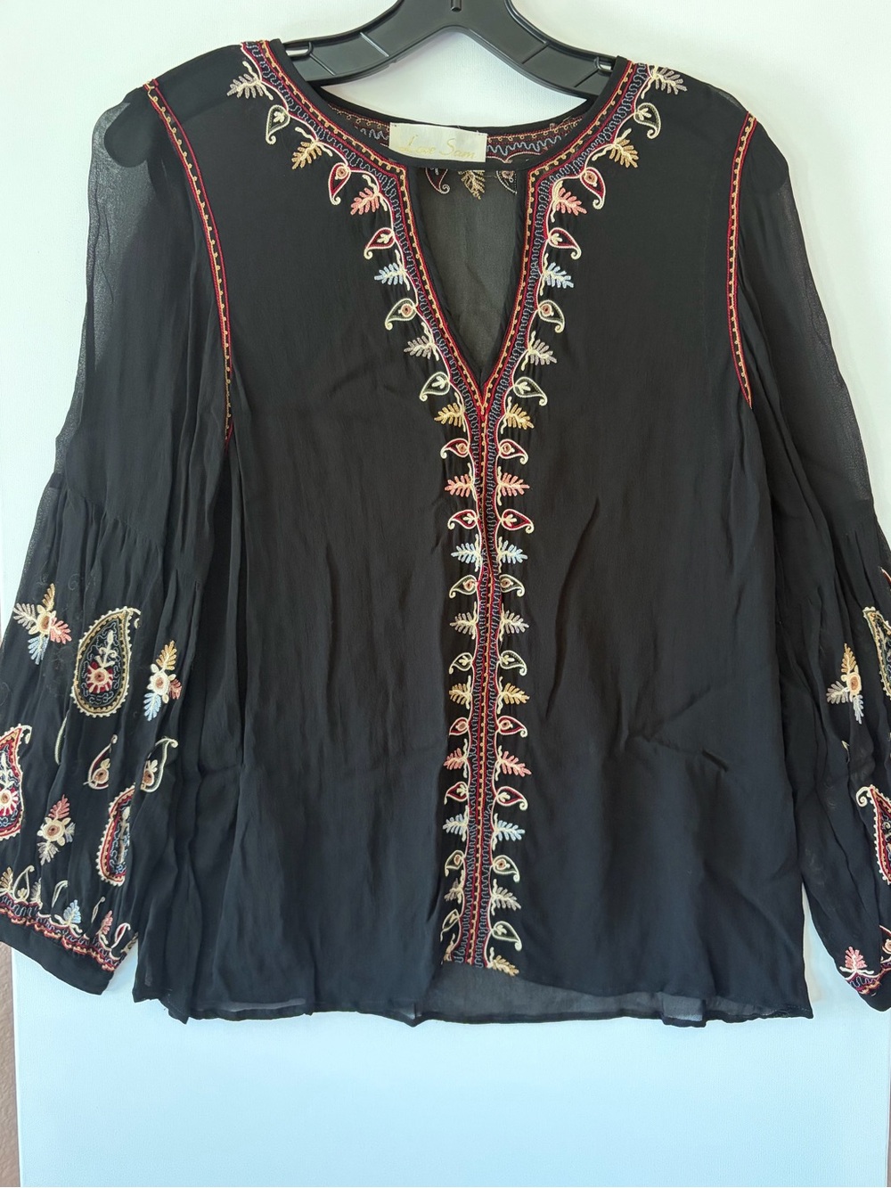 Love Sam Black Sheer Embroidered Peasant Blouse Paisley Top Medium